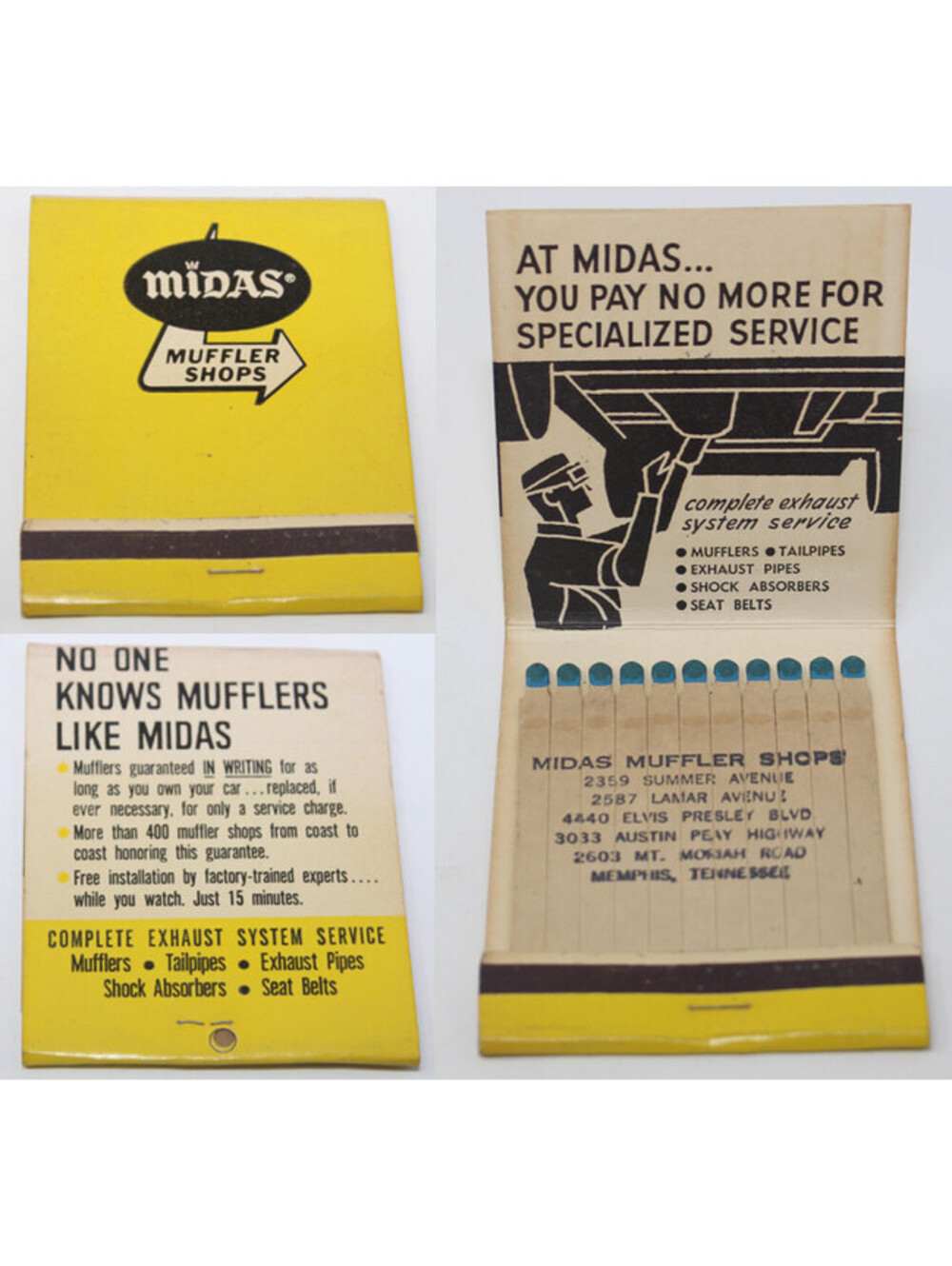 Vintage Matchbook Midas Muffler Shops 5 Memphis Locations 1960s Unused Unstruck